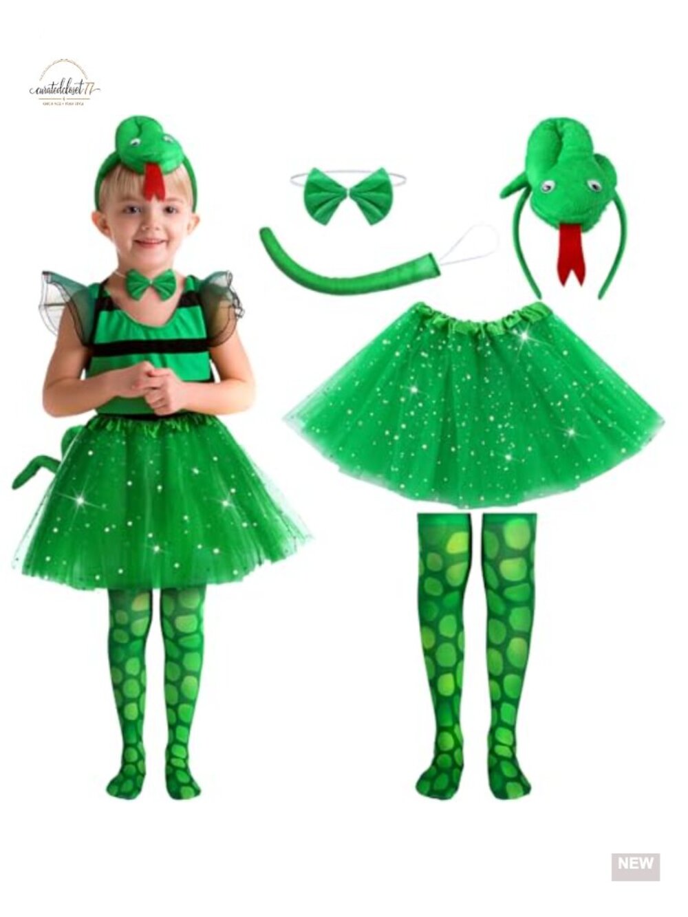 Girls Snake Halloween Costume Set Headband Tail Tutu 5pc